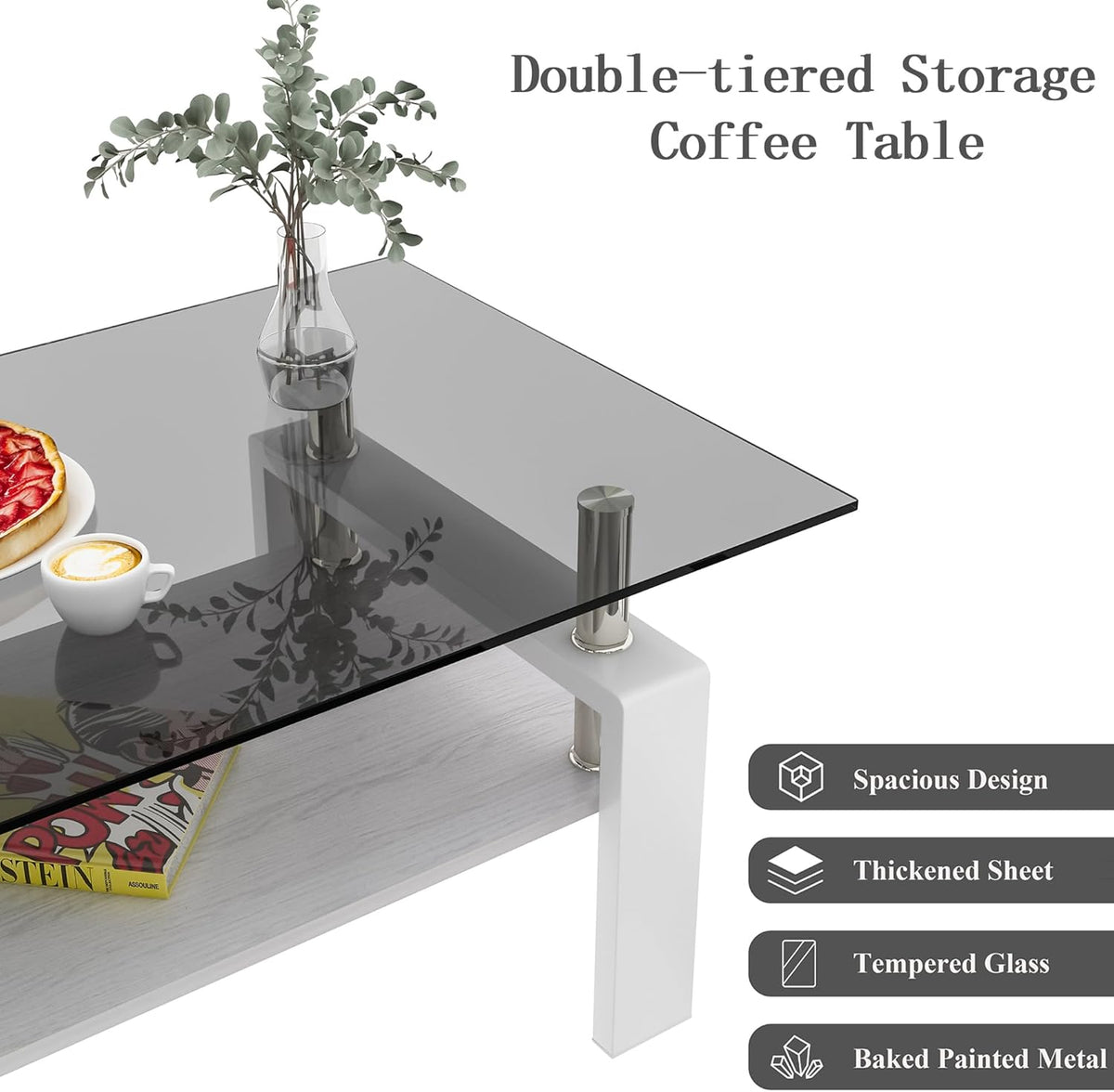 Glass Coffee Table Rectangle Living Room Center Table, with Gray Tempered Glass Tabletop and White