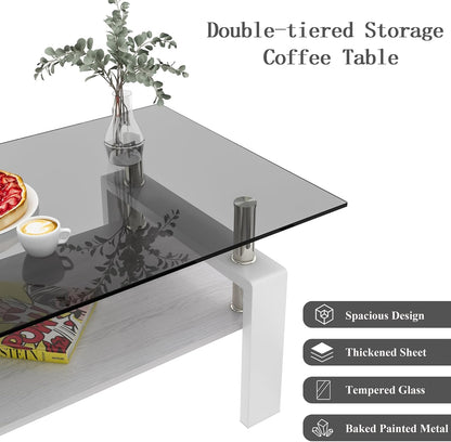 Glass Coffee Table Rectangle Living Room Center Table, with Gray Tempered Glass Tabletop and White