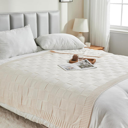 CozeCube Check Knit Throw Blanket, Cream White Checkered Throw for Couch, Decorative Christmas Soft