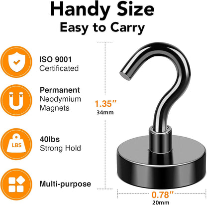 MIKEDE Magnetic Hooks, 40Lbs Strong Neodymium Black Magnet Hook for Hanging, Heavy Duty Magnetic