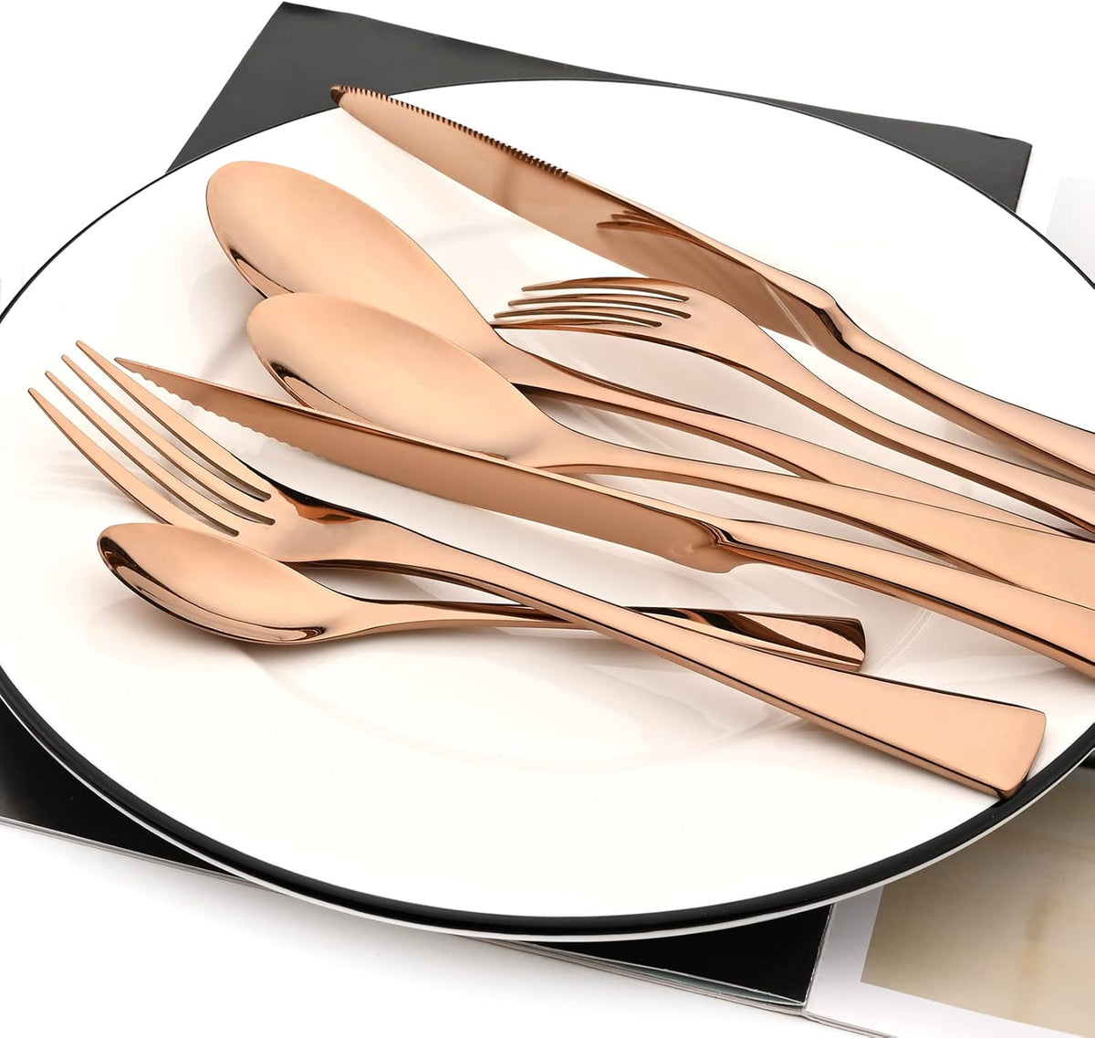 24-Piece Copper Flatware, Mirror 18/10 Stainless Steel Modern & Luxury Dinnerware Set With Serrated