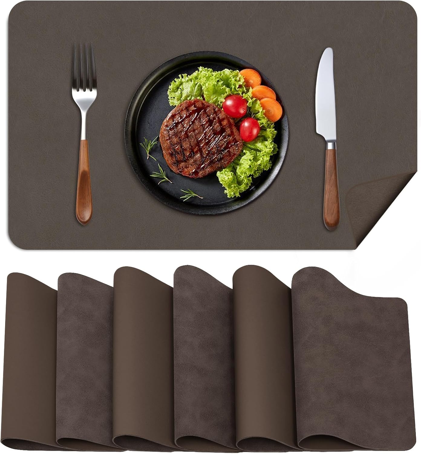 BLESWIN Faux Leather Placemats, Set of 6, 12×17 Inch -Double Side Texture Color Table Mats