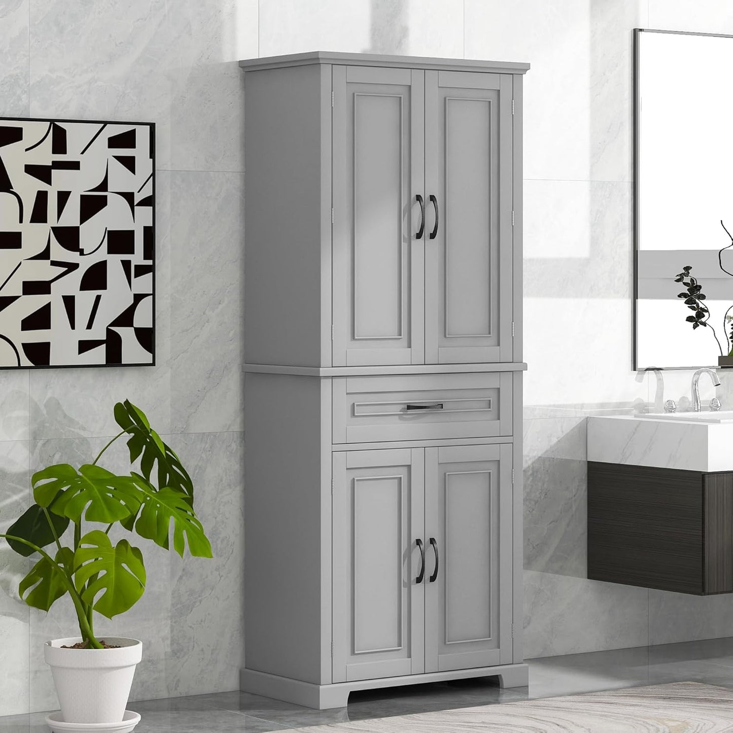72.2" Tall Storage Cabinet with 4 Doors and Drawer, Freestanding Linen Cabinet, Wooden Pantry with