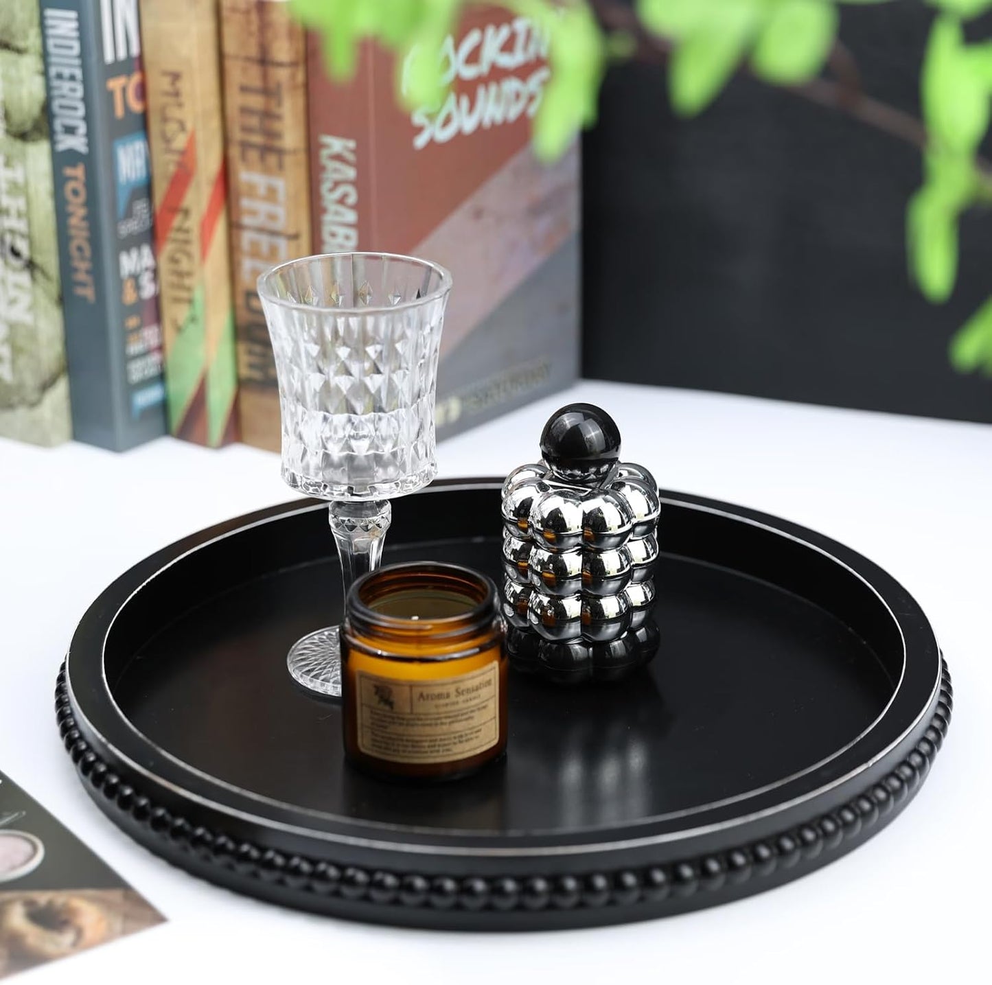 Round Black Wood Serving Tray with Beads, Wooden Decorative Tray for Entertaining, Decoration, and