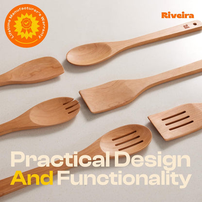 Riveira Cherry Wooden Spoons for Cooking Set of 6 – Natural Cherry Wooden Cooking Utensils, Wooden