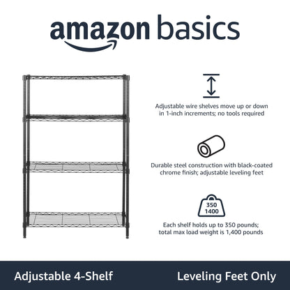 Amazon Basics 4-Shelf Adjustable Heavy Duty Steel Wire Rack Storage Shelving, Sturdy Garage