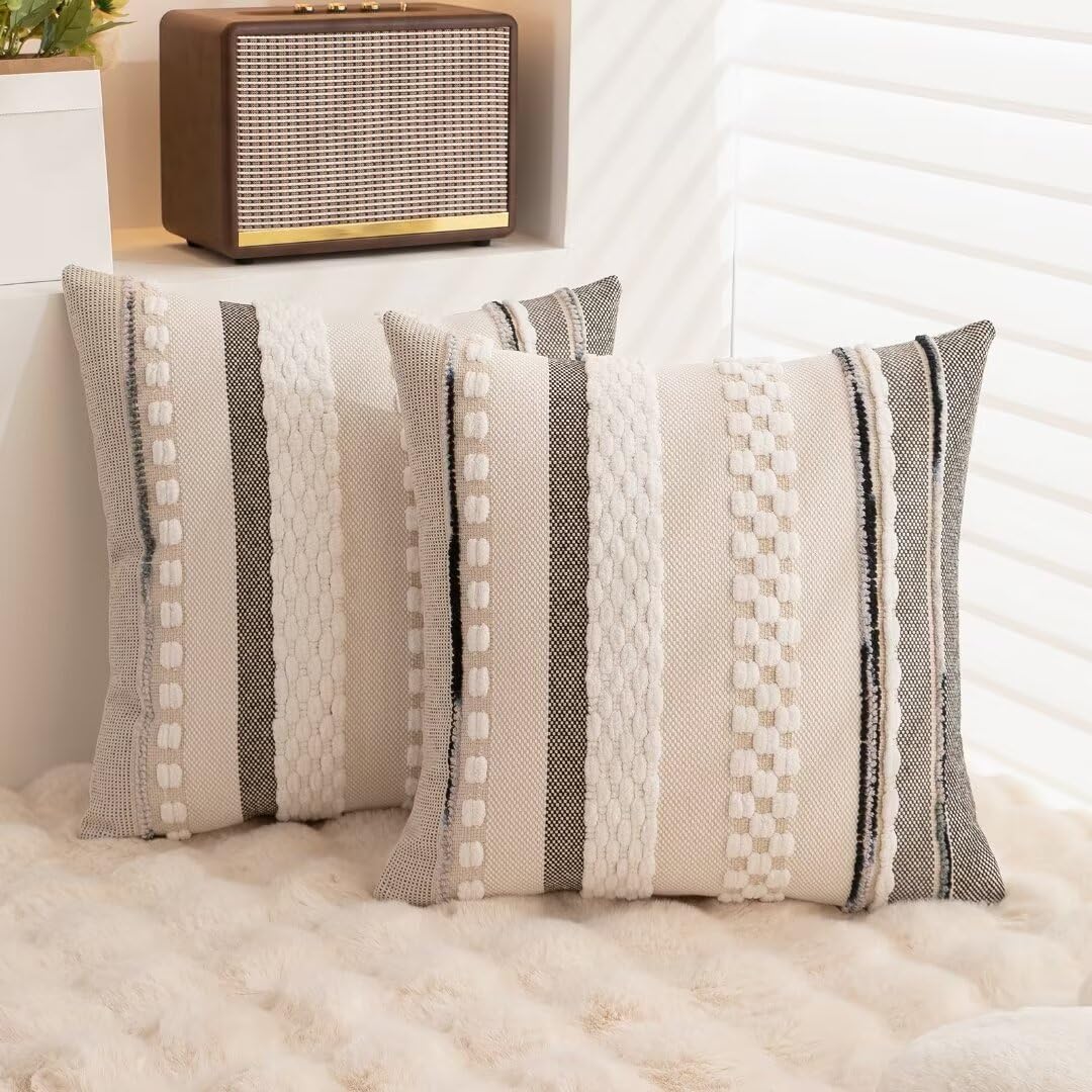Boho Throw Pillow Covers 18x18 Set of 2 Farmhouse Decorative Cushion Case Striped Square Pillows