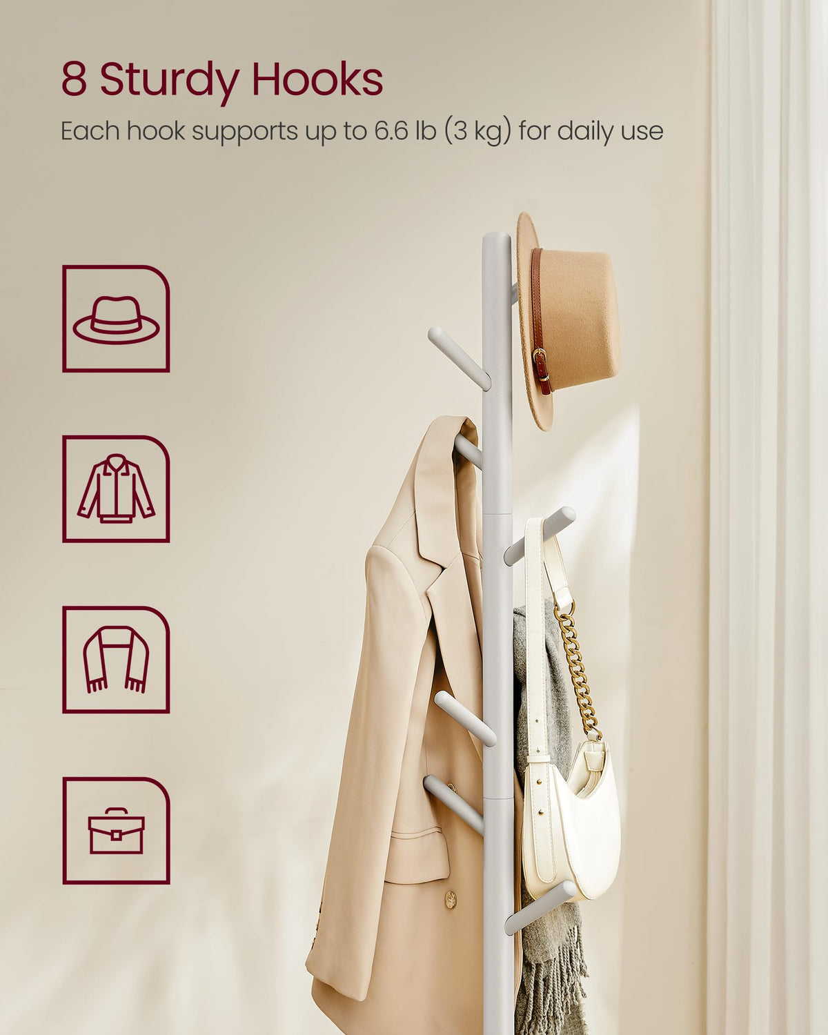 VASAGLE Solid Wood Coat Rack, Free Standing Tree-Shaped Coat Rack with 8 Hooks, 3 Height Options
