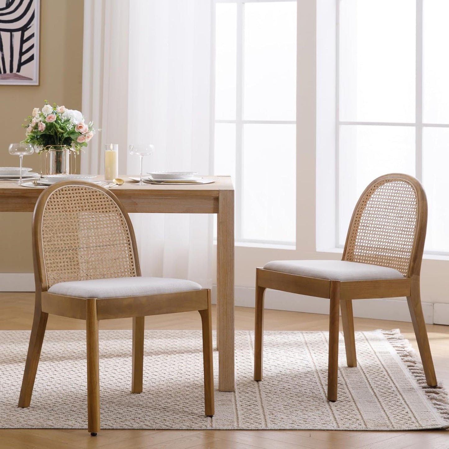 Mid Century Dining Chairs Set of 2, Accent Rattan Linen Fabric Side Chairs Kitchen Chair with Solid