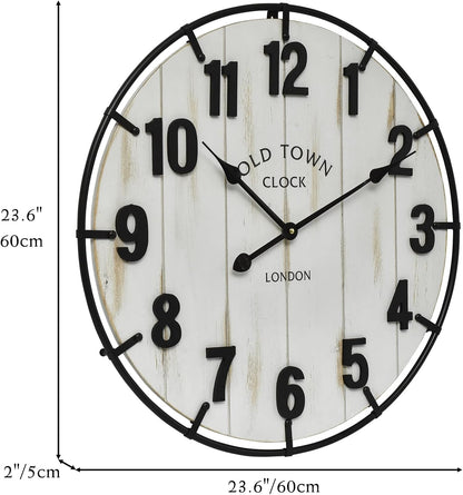 Large Old Town Farmhouse Wall Clock – 24 Inches Rustic Antique Wood with Metal Circle and Large