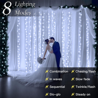 300 LED Curtain String Lights 9.8FT Plug in Fairy Lights with Timer and 8 Modes, Waterproof Window