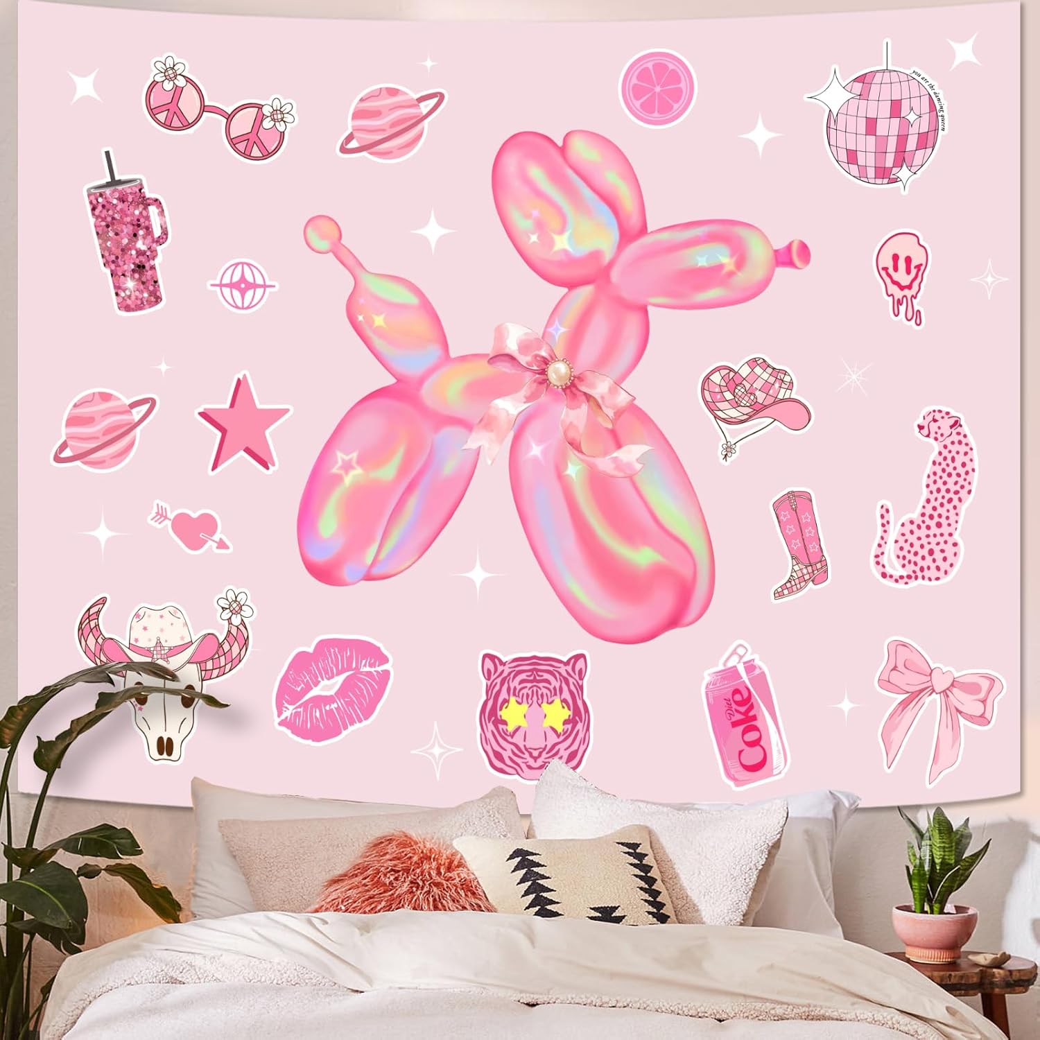 Lunerfex Y2K Tapestry Pink Dog Wall Tapestry, Cute Tapestries for Bedroom Funny Tapestries Wall