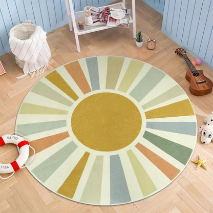 STARUIA Boho Round Rug 4 Ft Washable Area Rug for Kids Room, Colorful Sun Circle Rug for Playroom