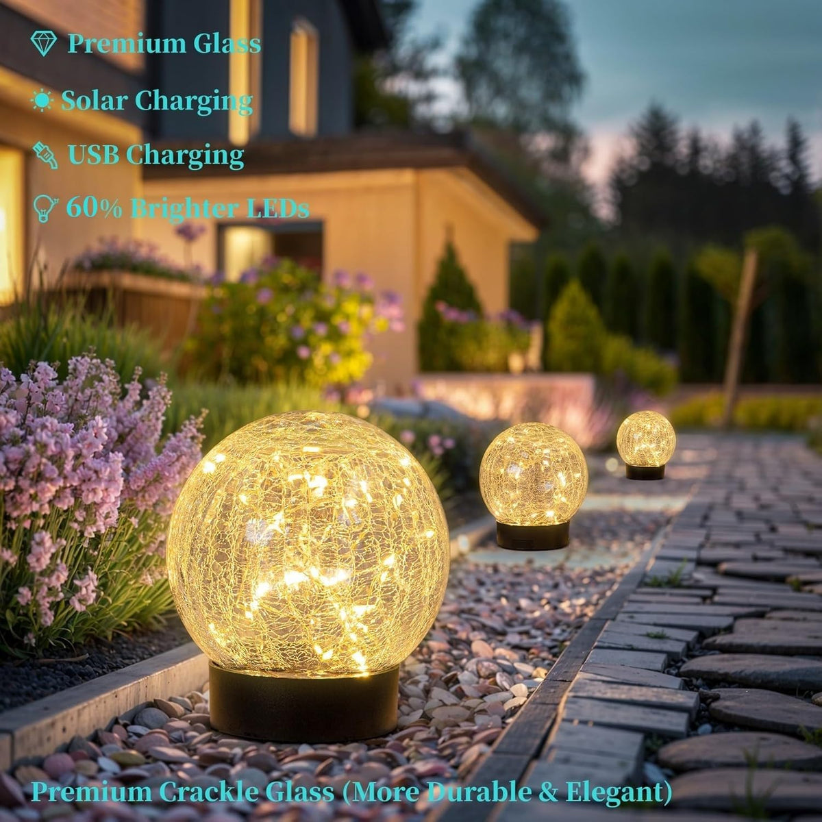 Beautyard Solar Globe Lights Outdoor Large Garden Decor USB Charged 4.72" Diameter 40LED 1000mAh