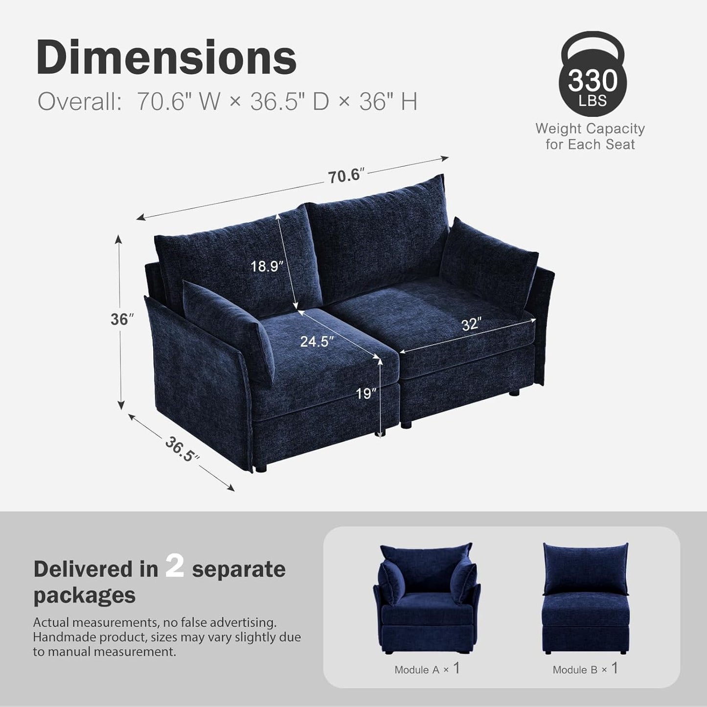 Oversized Loveseat Sofa, Modern Modular Sectional Couch Blue Fluffy Chenille Mid Century 2-Seat