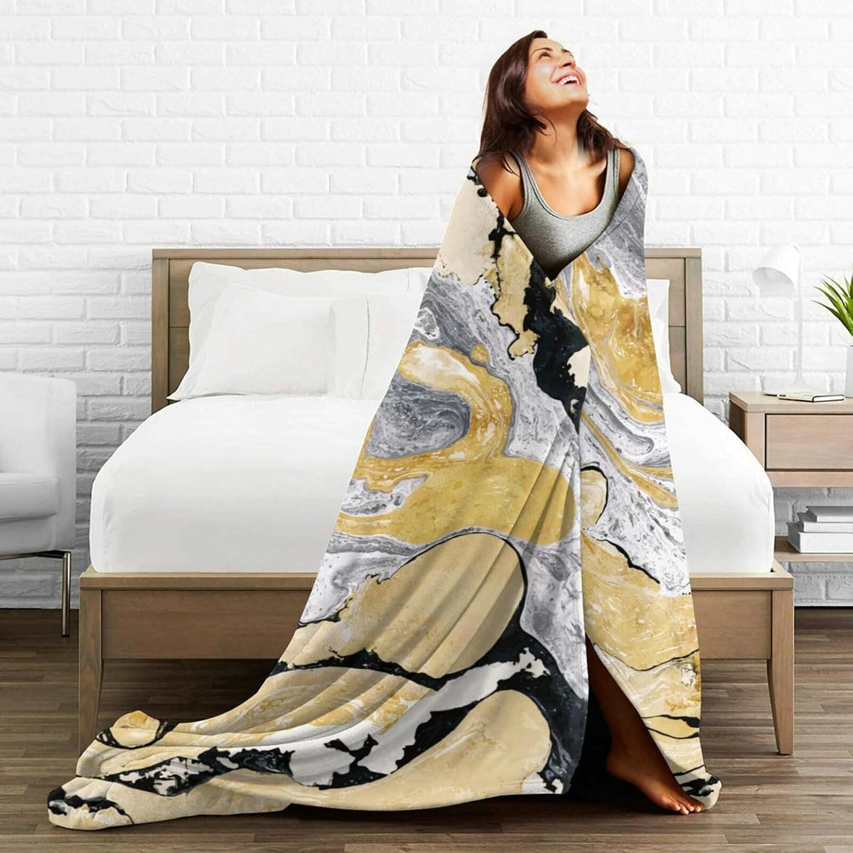 HGOD DESIGNS Gold Golden and Silver Marble Ink Abstract Painting Flannel Fleece Bed Blanket Throw