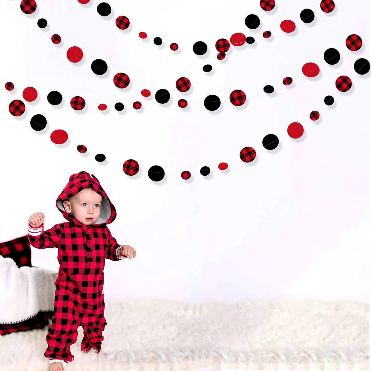 46Ft Buffalo Plaid Polka Dot Garlands Black Red Checkered Paper Circle Dot Streamer Banner for Baby
