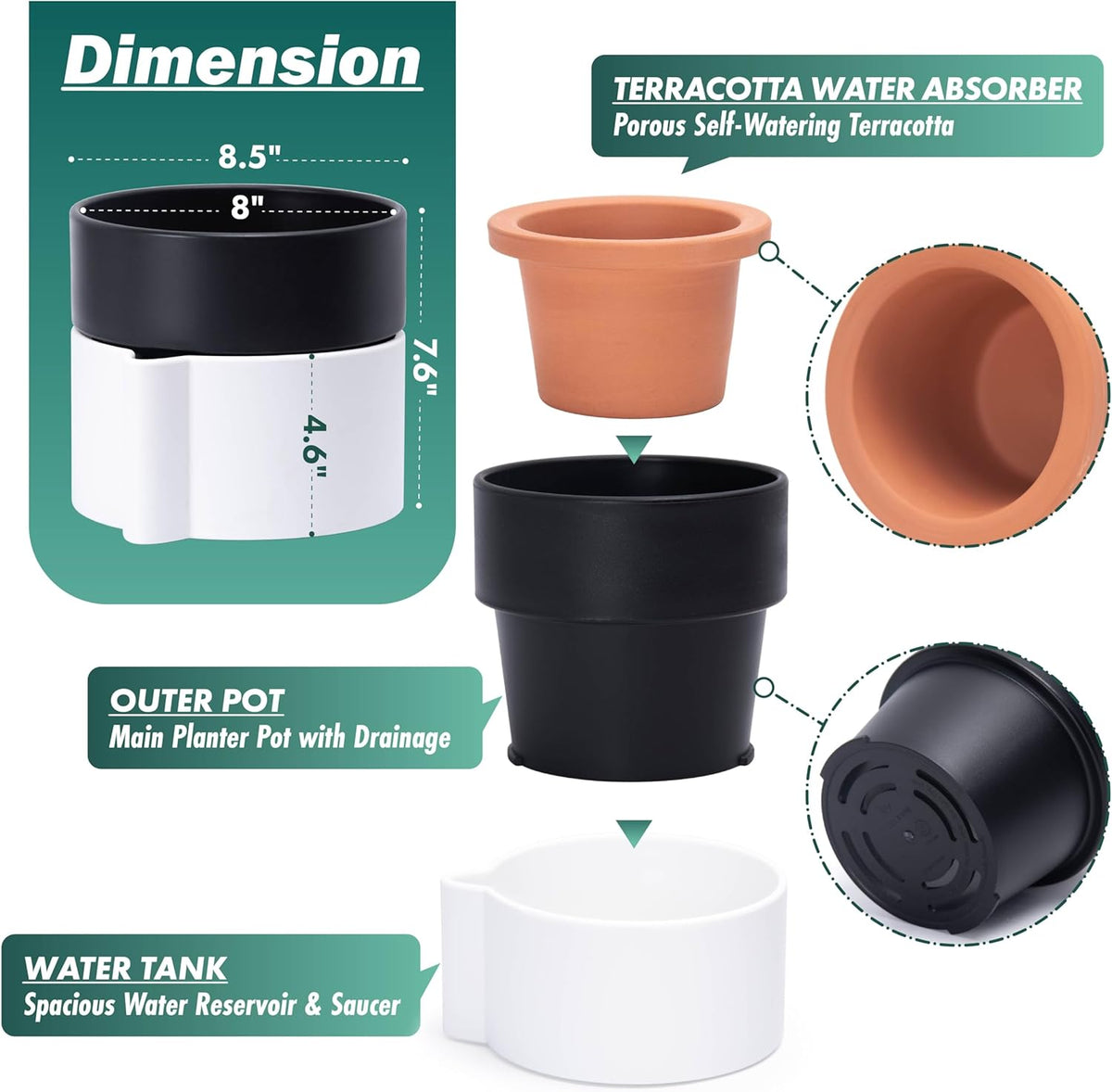 8 Inch Self-Watering Planter Pot with Terracotta Insert, Deep Water Reservoir, and Ceramic-Alike