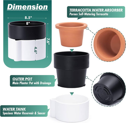 8 Inch Self-Watering Planter Pot with Terracotta Insert, Deep Water Reservoir, and Ceramic-Alike
