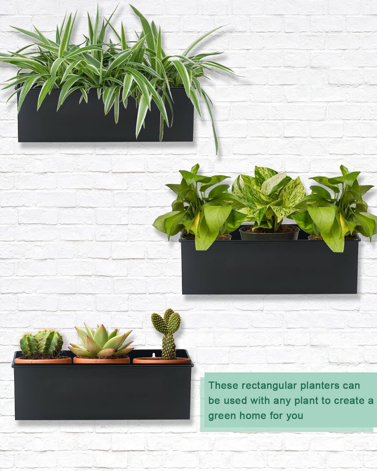 vensovo Metal Wall Hanging Planter Boxes – 12" Rectangle Flower Pots, 3 Pack with Drainage, Durable
