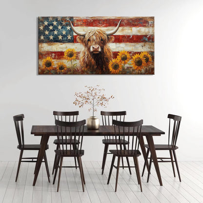 LASMOND Country Highland Cow Wall Art for Living Room Rustic Retro Vintage American Flag Sunflower