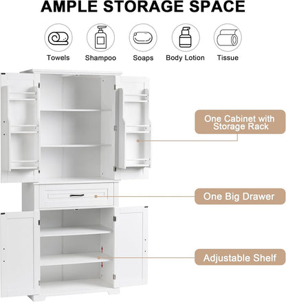 72.2" Tall Storage Cabinet with 4 Doors and Drawer, Freestanding Linen Cabinet, Wooden Pantry with