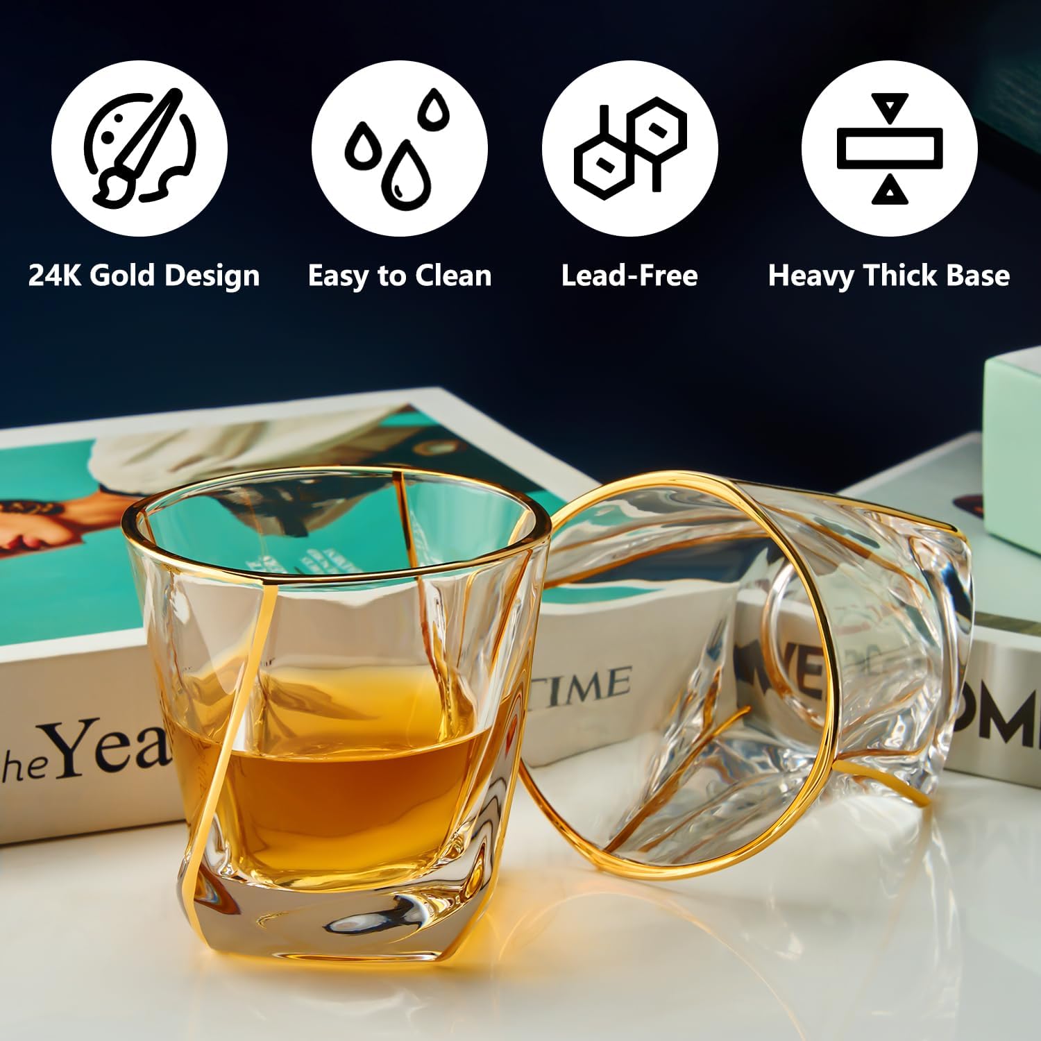Crystal Whiskey Glasses Set of 2 with 24K Gold Rim,Bar Glasses,Twisted Whiskey Glass Gold