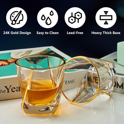 Crystal Whiskey Glasses Set of 2 with 24K Gold Rim,Bar Glasses,Twisted Whiskey Glass Gold