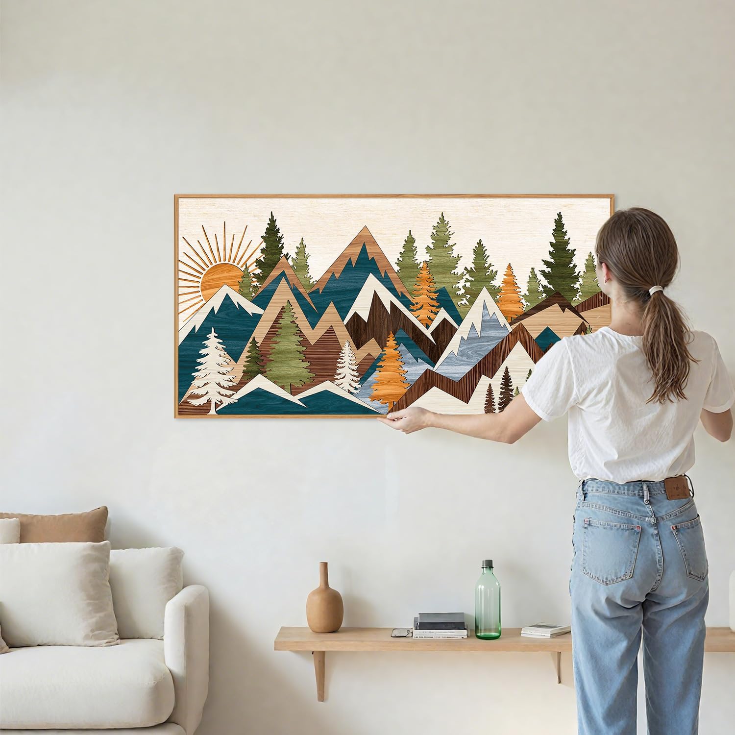 Tinonedraw Large Metal Mountain Framed Canvas Wall Art, Boho Rustic Sunrise Forest Wall Decor, 3