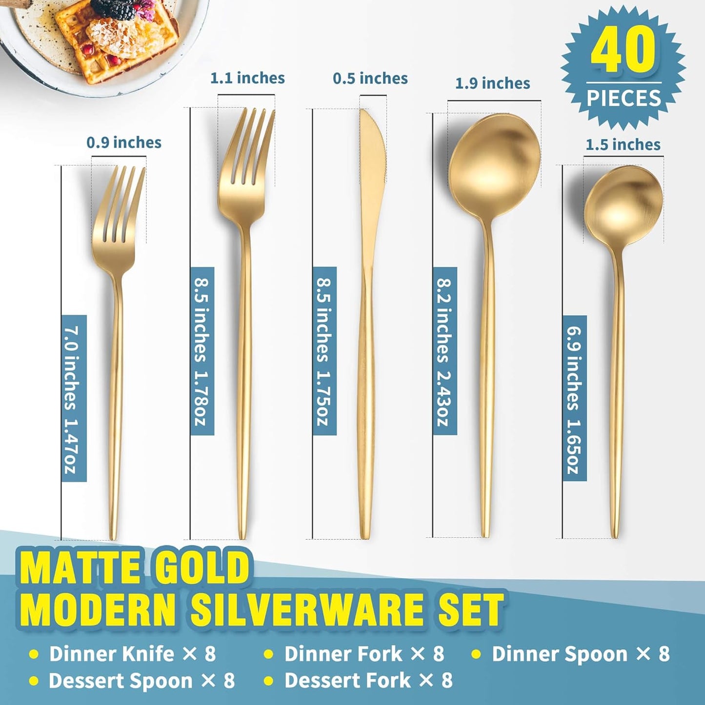 Matte Gold Silverware Set for 8,Modern Stainless Steel Brushed Cutlery Set,40-Pieces Heavy Duty