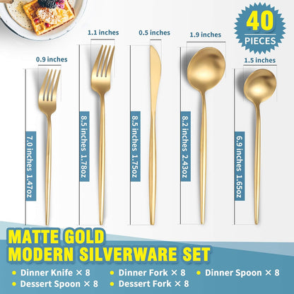 Matte Gold Silverware Set for 8,Modern Stainless Steel Brushed Cutlery Set,40-Pieces Heavy Duty