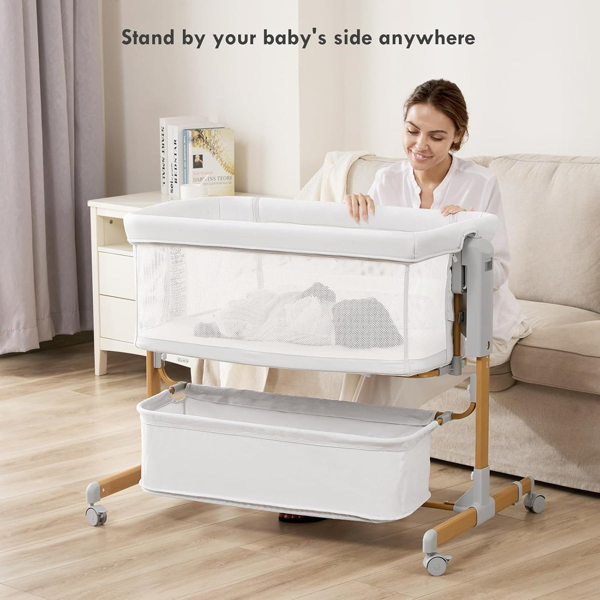Baby Bassinet Bedside Sleeper, 3-in-1 Rocking Bassinet for Baby with 6-Level Height Adjustable, 4