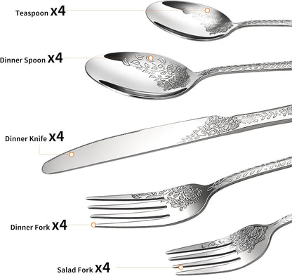 Floral 20 Pcs Silverware Set for 4, Food Grade Stainless Steel Flatware Set with Rose Flower