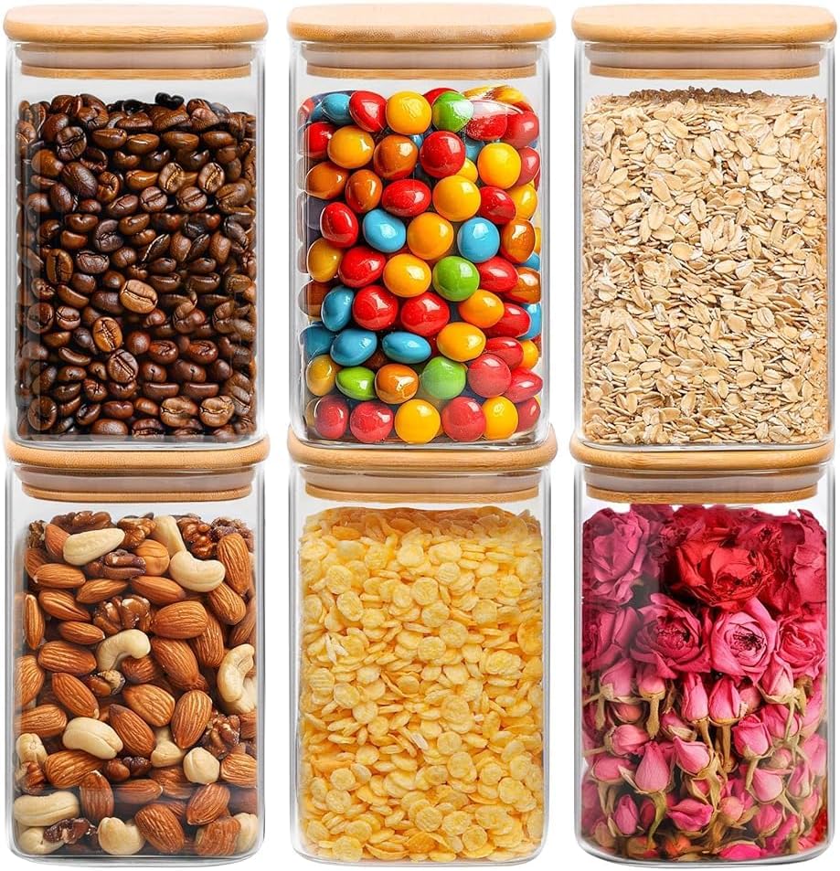 ComSaf 1.2 QT Glass Storage Containers with Lids, Glass Jars with Lids, Clear Food Jar, Square