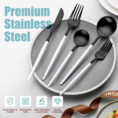 Matte Black White Silverware Set for 6,Modern Stainless Steel Brushed Cutlery Set,30-Pieces Heavy