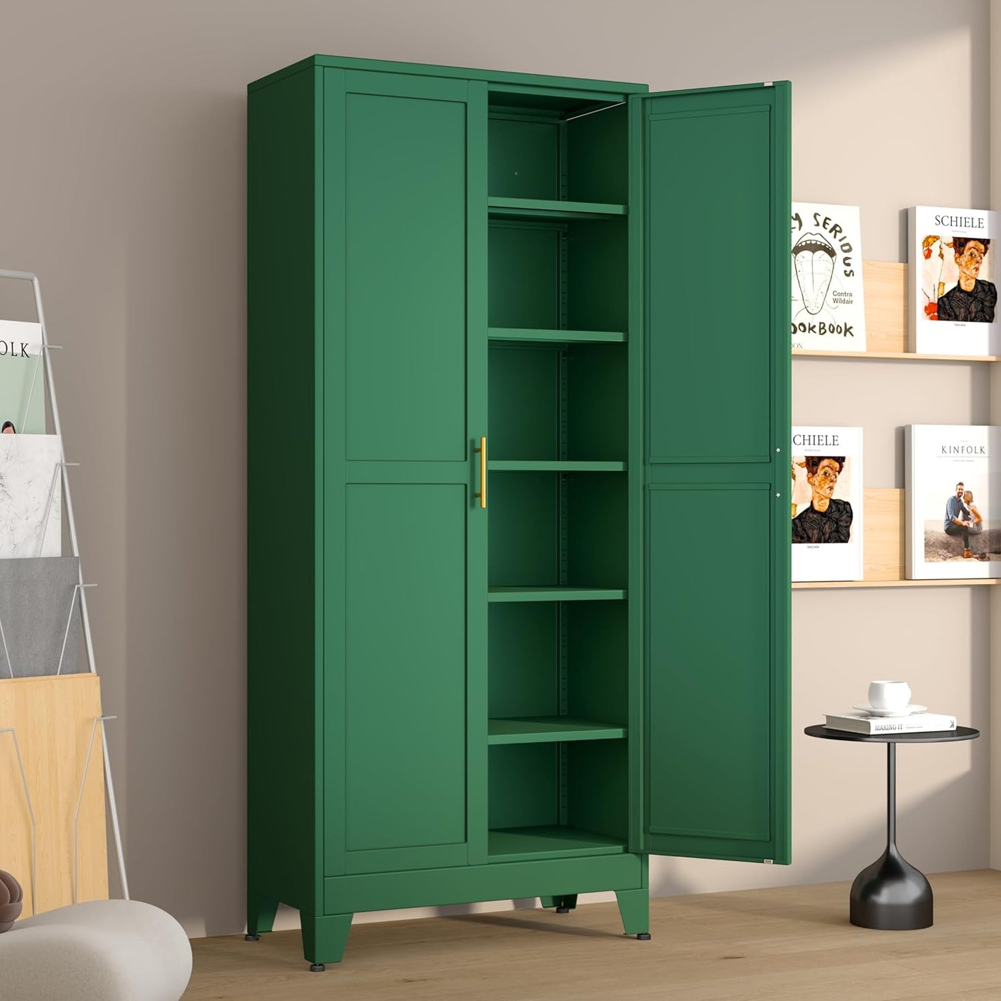 Metal Pantry Cabinet with 2 Doors and 5 Adjustable Shelves, 75" Kitchen Storage Cabinet with Gold