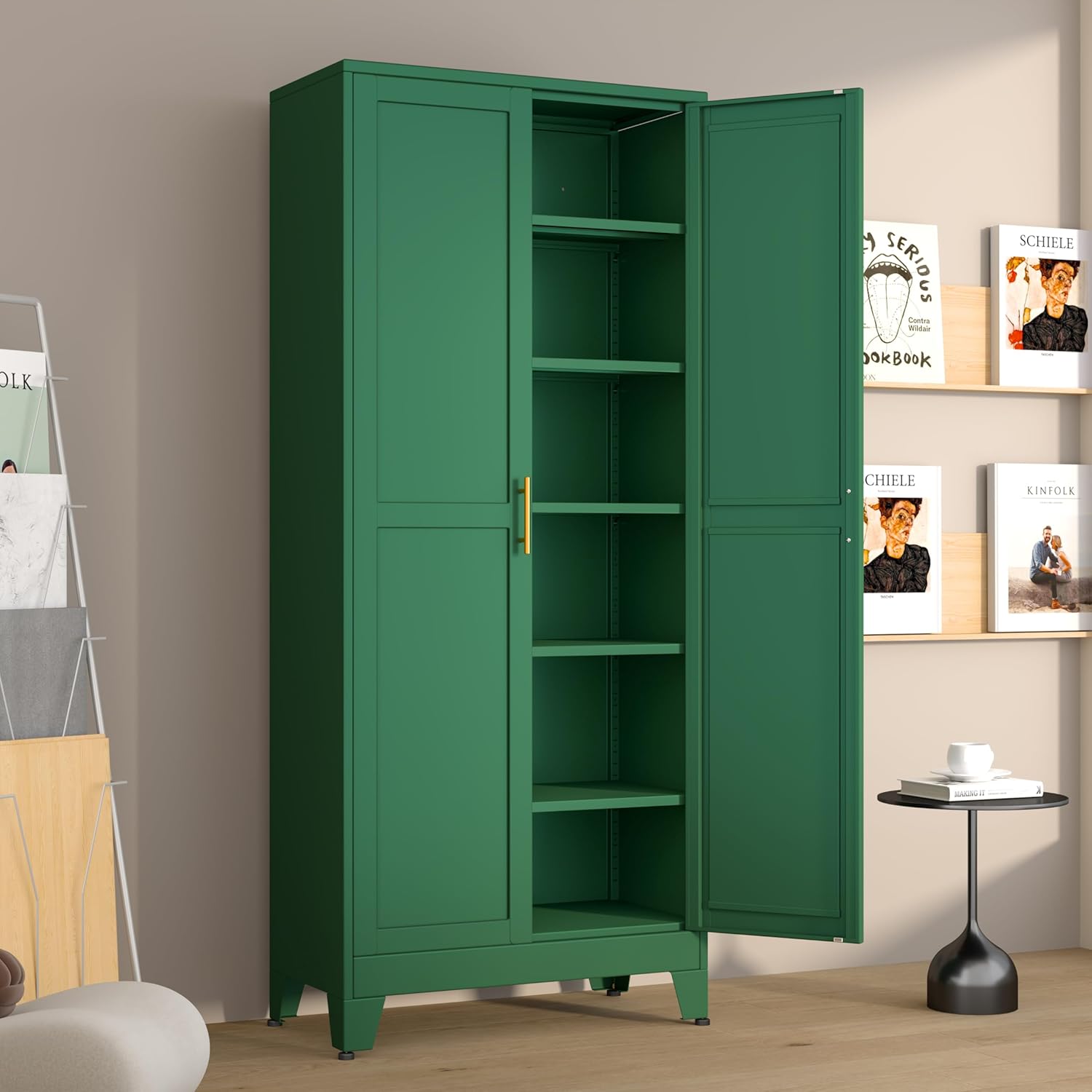 Metal Pantry Cabinet with 2 Doors and 5 Adjustable Shelves, 75" Kitchen Storage Cabinet with Gold