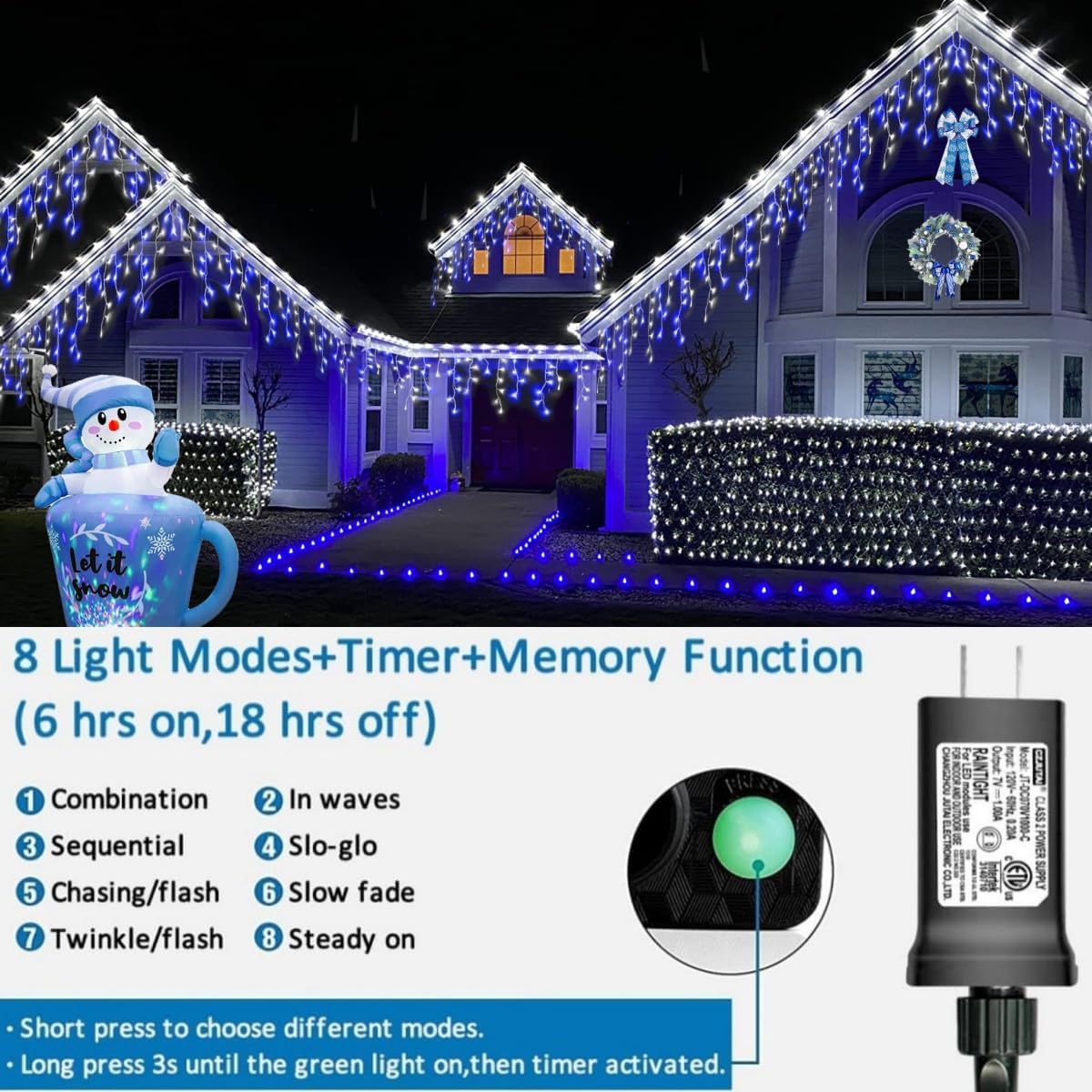YEGUO 33ft 400 LED Blue and White Icicle Lights Outdoor Waterproof, 80 Drops Icicle String Lights