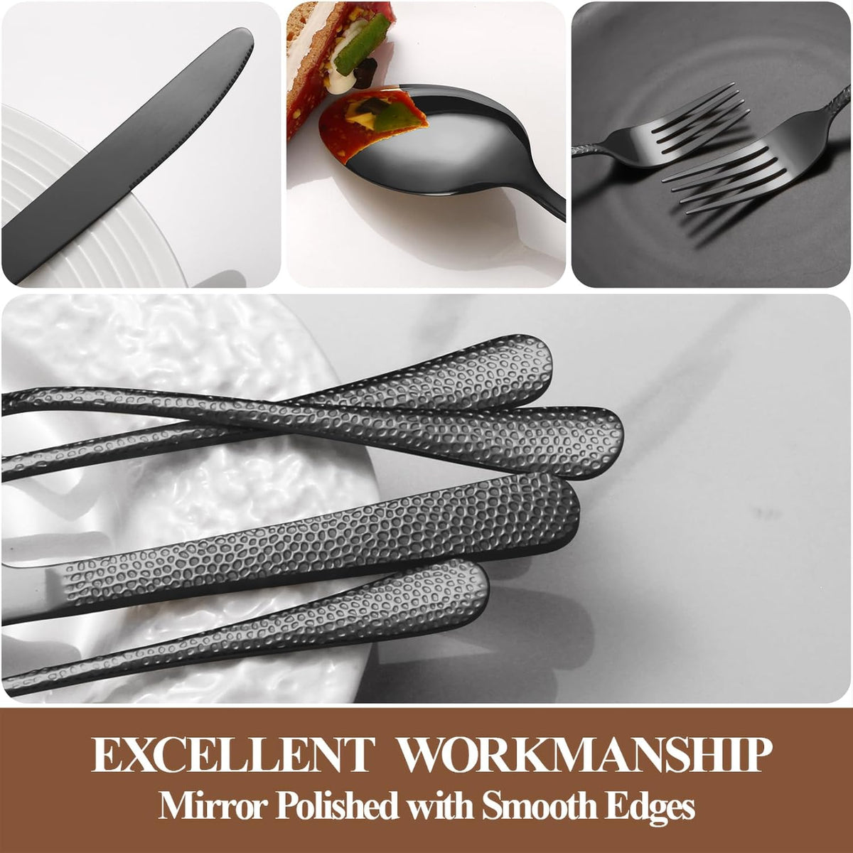 20 Pcs Black Silverware Set for 4 with Hammered Design, Food Grade Stainless Steel Flatware Set