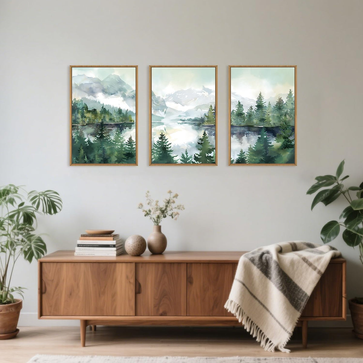Watercolor Mountain Framed Canvas Wall Art Set, Boho Forest Wall Decor, Nature Green Pines Wall
