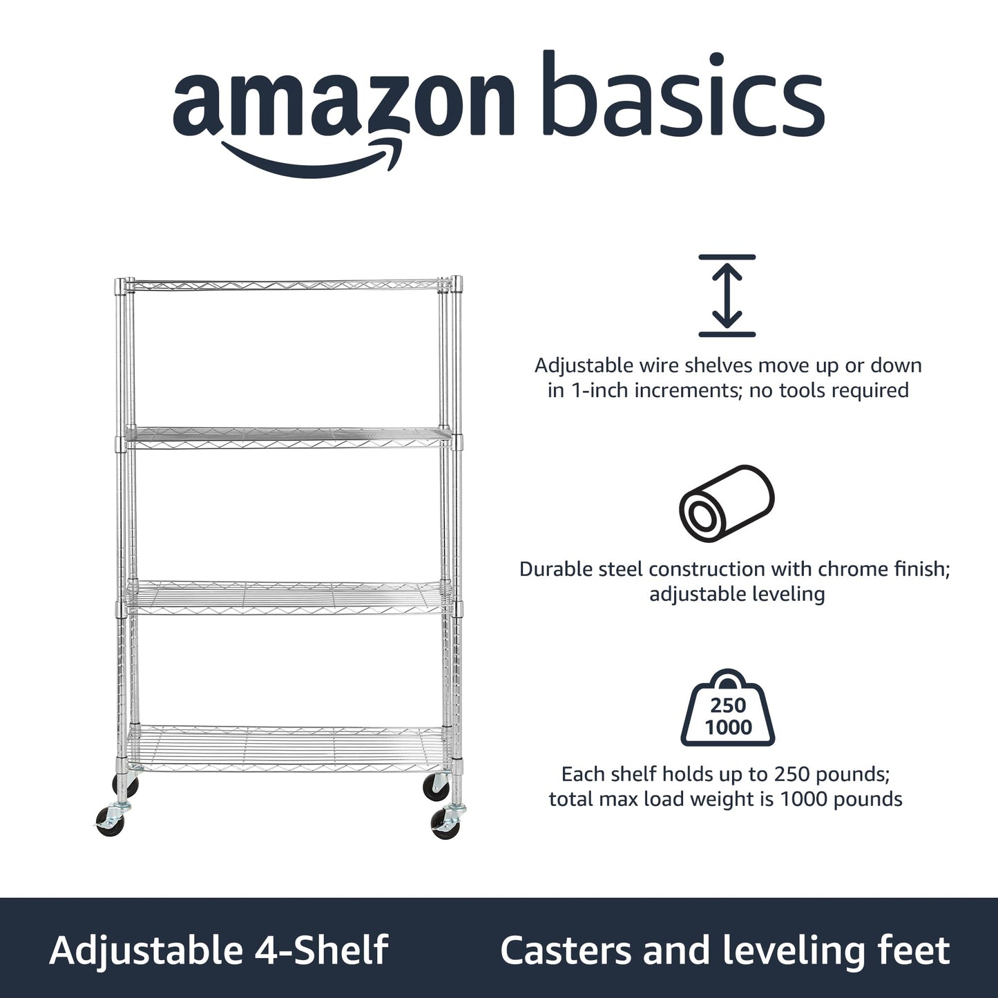 Amazon Basics 4-Shelf Adjustable Heavy Duty Storage Shelving Unit with Wheels, No-Tool Easy