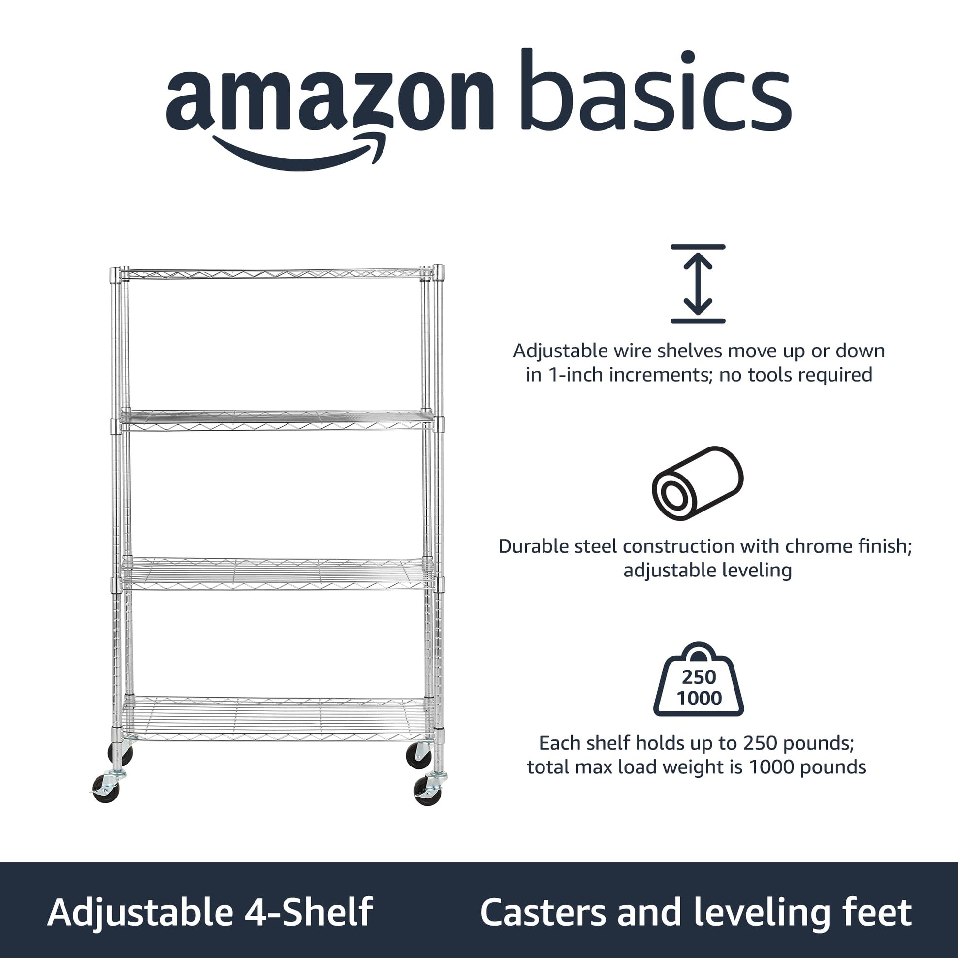 Amazon Basics 4-Shelf Adjustable Heavy Duty Storage Shelving Unit with Wheels, No-Tool Easy