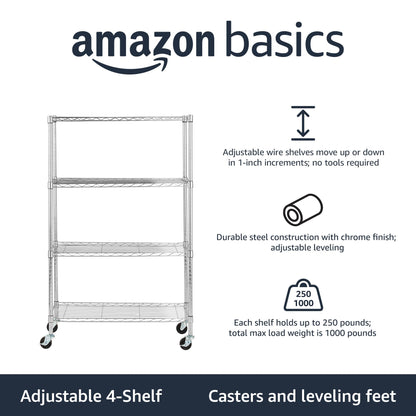 Amazon Basics 4-Shelf Adjustable Heavy Duty Storage Shelving Unit with Wheels, No-Tool Easy