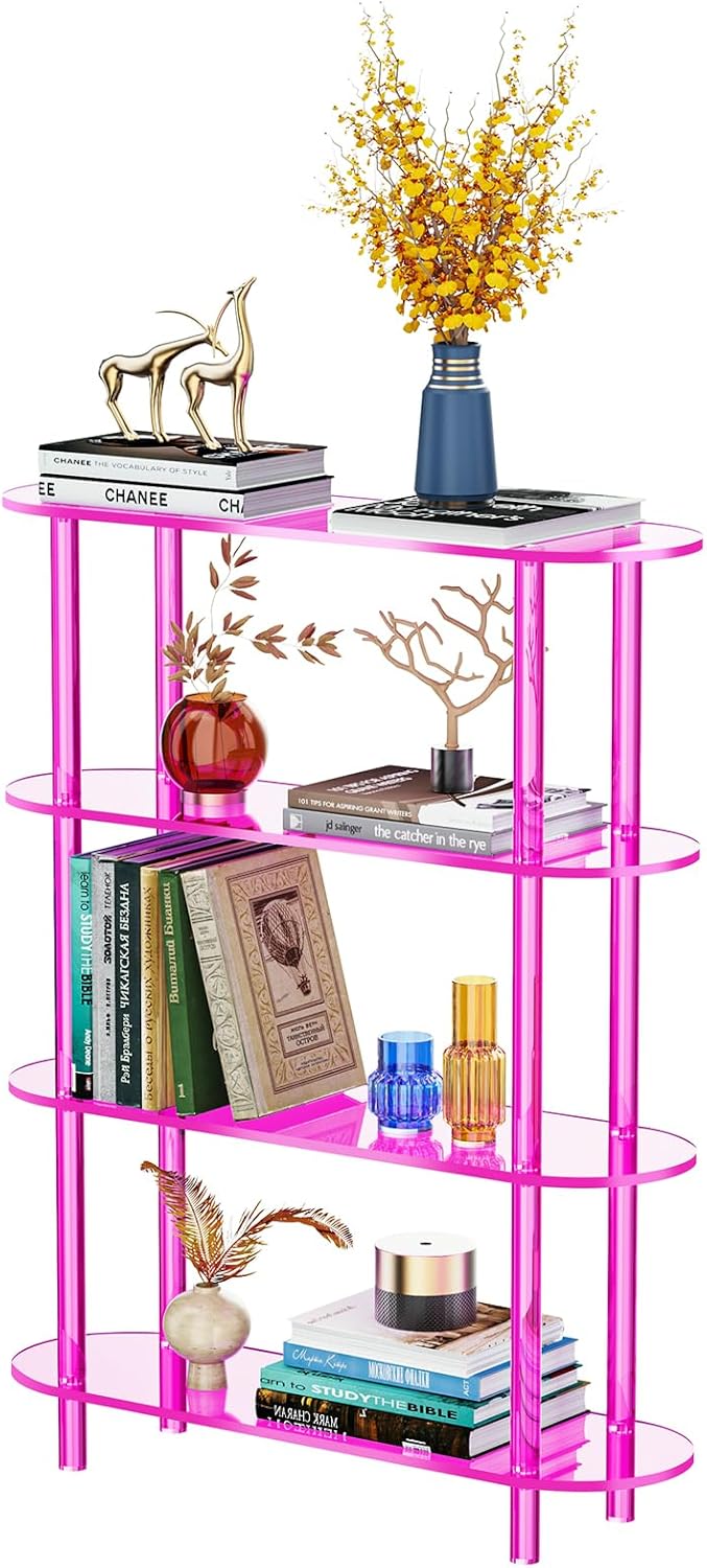 Clear Bookshelf, Acrylic Bookcase with Open Book Shelf Console Table for Entryway Office (4 Tier
