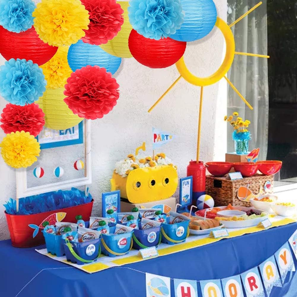 Carnival Circus Party Decorations, Red Yellow Blue Paper Lanterns and Pom Poms Flowers for Birthday
