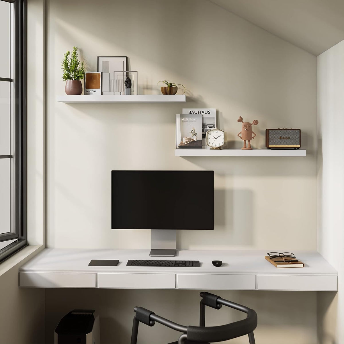 BAMEOS Floating Shelves,31 in W White Wall Mounted Wooden Shelves with Invisible Brackets Set of 2