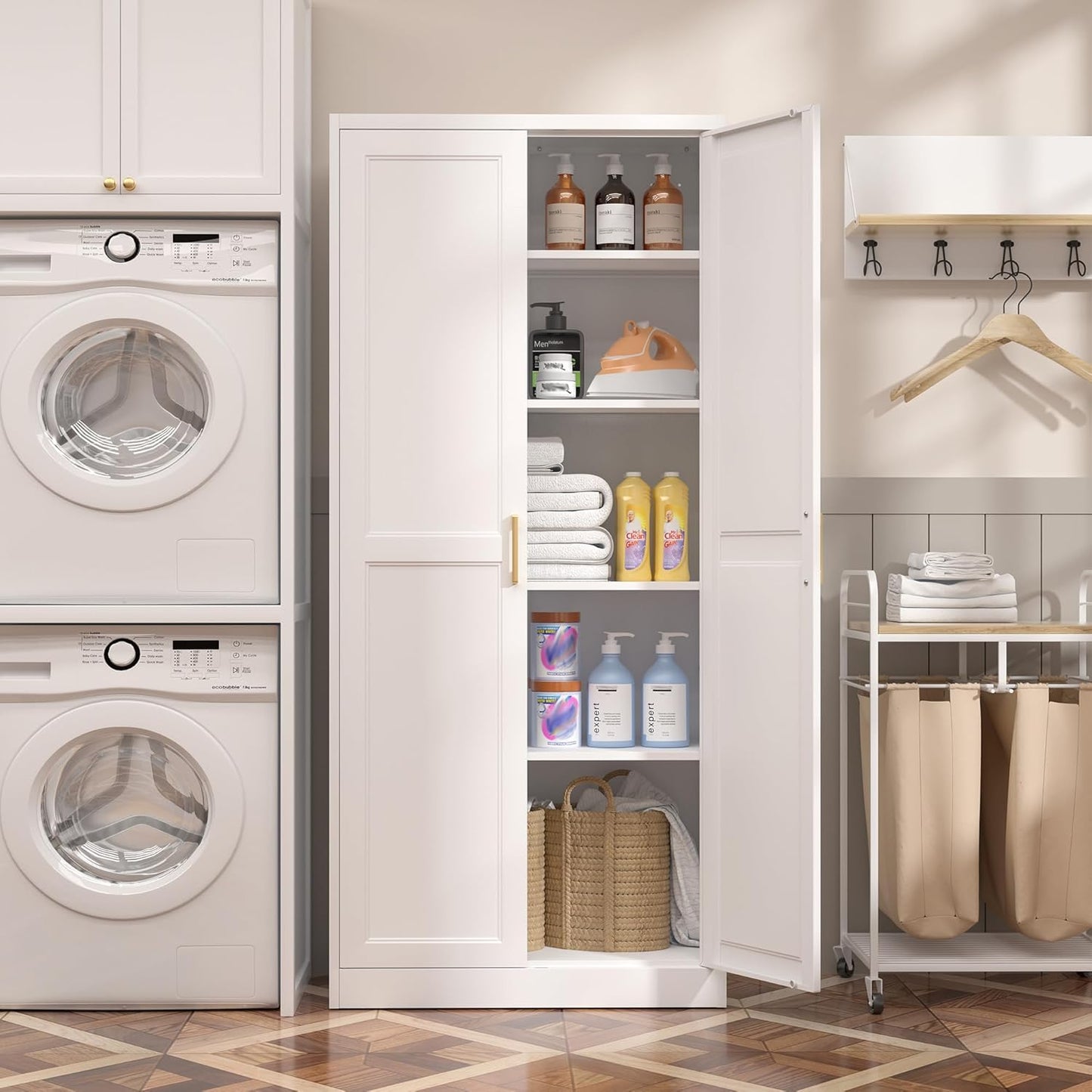 Kitchen Pantry Cabinet,71”White Metal Pantry Storage Cabinet with Doors and 4 Adjustable