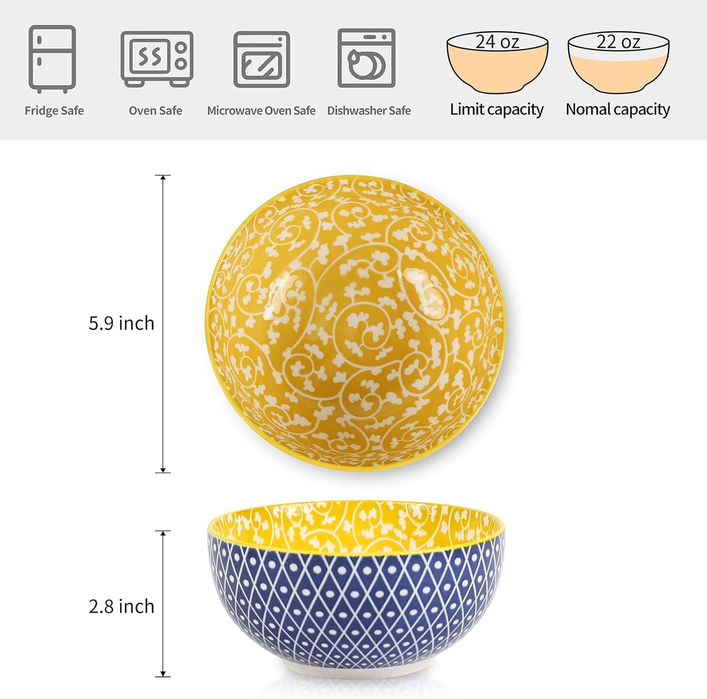 Selamica Ceramic Cereal Bowls Set of 6, 24 Oz Deep Soup Bowls for Kitchen, 5.9 Inch Dessert Bowls