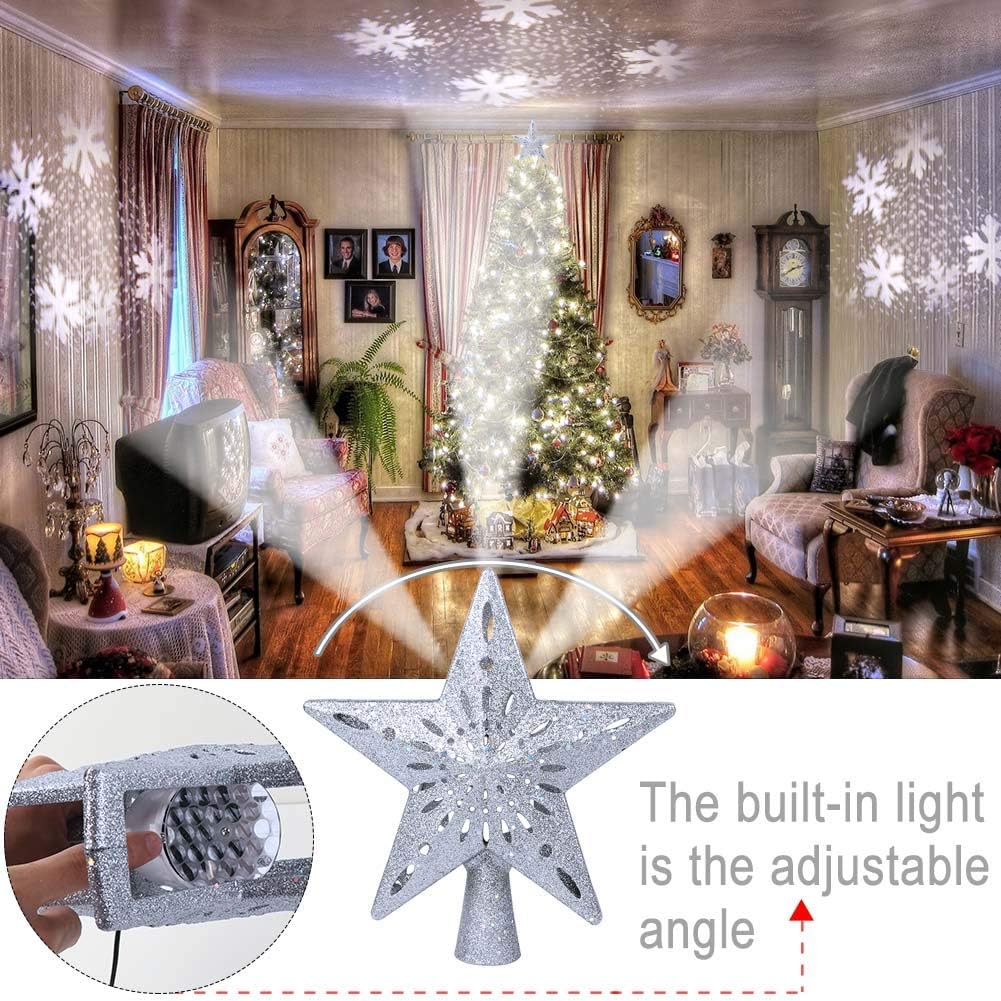 OurWarm Christmas Tree Topper Lighted Star Tree Toppers with LED Rotating Snowflake Projector