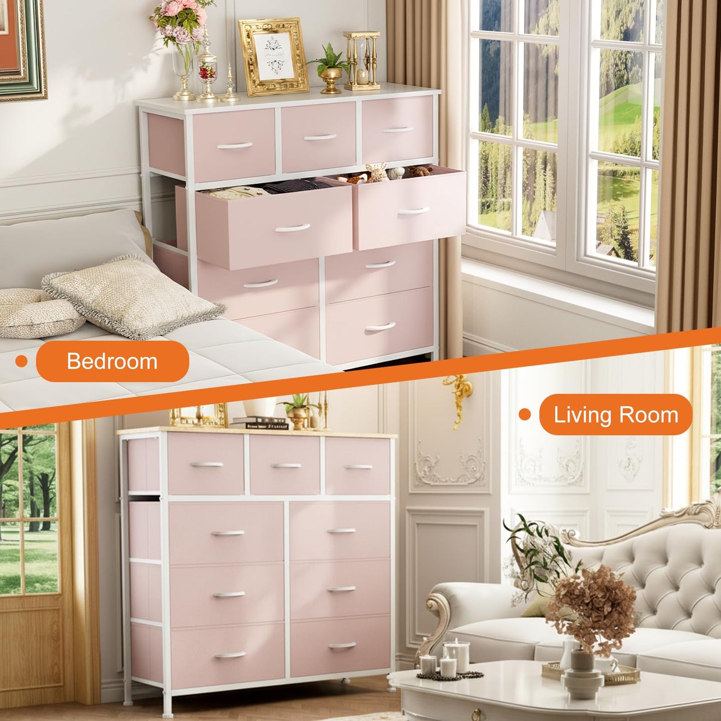 Sweetcrispy 9 Drawer Fabric Dresser Storage Tower Drawer Organizer, Pink